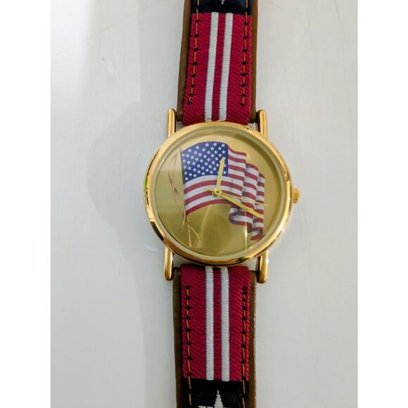 Valdawn American Flag Leather Quartz Watch NWOT Gold Tone Red White Blue Strap - Picture 1 of 6